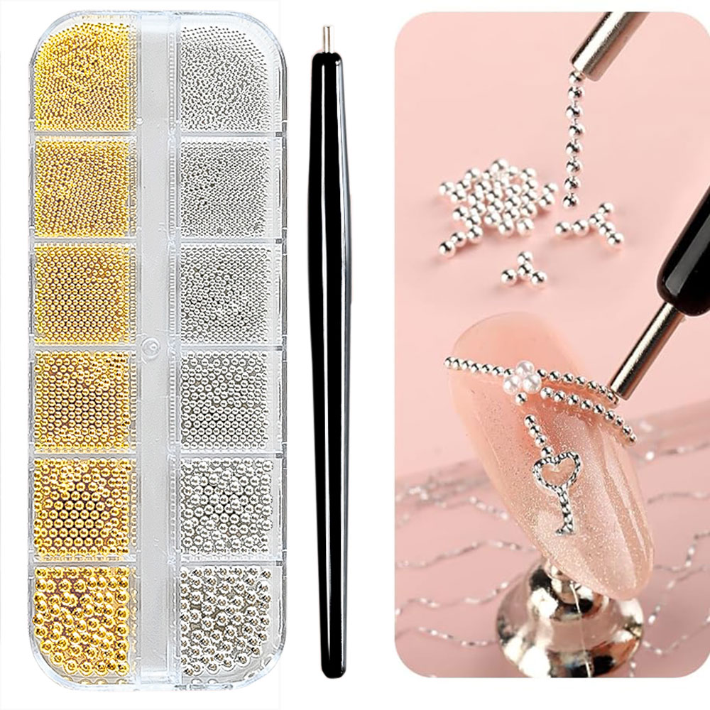 Nail Art Valentines Day - 12 сеток, золотые/серебряные мини-икра, бусины для